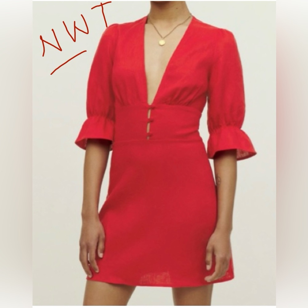 NWT Reformation Simi Linen (Cherry Red) Low Cut Dress